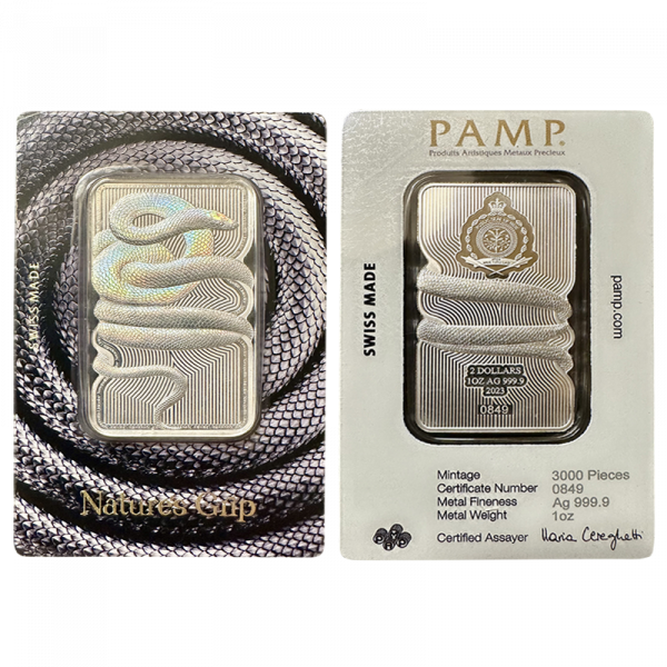 PAMP Nature’s Grip - Sunbeam Snake 1oz Silver $2 Niue Coin Bar